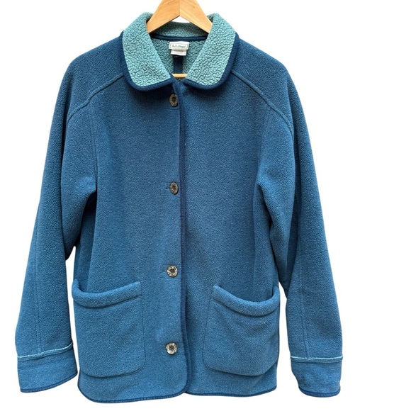 Vtg LL Bean Fleece Chore Barn Coat Womans M Blue/ Green Button Up Warm USA Made - Picture 1 of 12